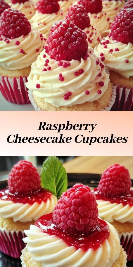 Luscious Raspberry Cheesecake Cupcakes :sparkling_heart::grapes::cupcake: Indulge in the delightful combination of creamy cheesecake and juicy raspberries nestled within a sweet cupcake. Perfect for any occasion and sure to satisfy your sweet tooth! Cupcakes With Fruit Filling, Almond Wedding Cake Cupcakes Raspberry Filling, Heart Grapes, Mini Raspberry Cheesecake, Raspberry Cheesecake Cupcakes, Lemon Heaven, Strawberry Filled Cupcakes, Cheesecake Cupcake, Almond Wedding Cakes