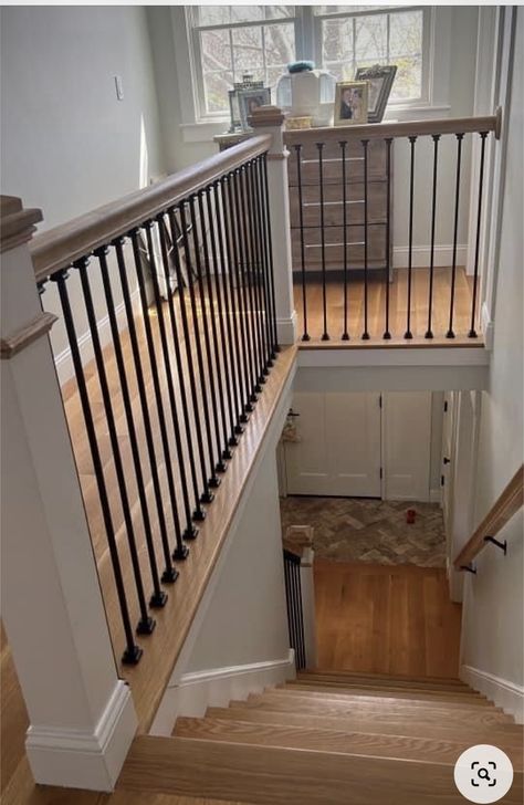 2nd Floor Stair Ideas, Open Staircase To Basement In Foyer, Top Of Stairs Railing Ideas, Ballaster Stairs, Open Railing To Basement, Update Banister, Handrail On Wall, Basement Stair Landing, Stair Relling