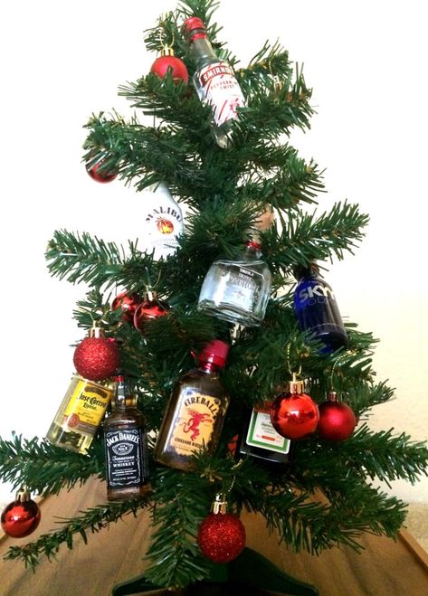 Mini Alcohol Bottle Christmas Tree | Mrs Alex Paul Bottle Brush Tree Crafts, Bottle Christmas Tree, Mini Alcohol Bottles, Gift Games, Yankee Swap, Liquor Gifts, Mini Liquor Bottles, Swap Gifts, Diy Christmas Tree Ornaments