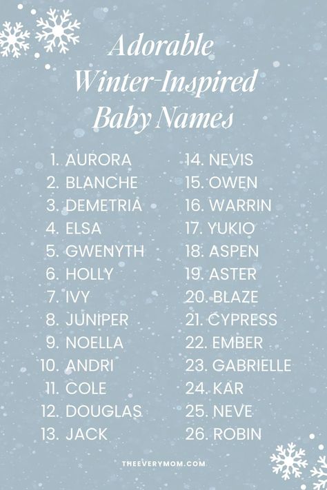 Welcoming a newborn this winter? Check out 50 of our favorite winter baby names inspired by the magical season. Winter Name Meaning, Winter Name Ideas, Magical Winter Aesthetic, Winter Names Girl, Names That Mean Winter, Names Meaning Snow, Snow Names, Names That Mean Ice, Winter Baby Names