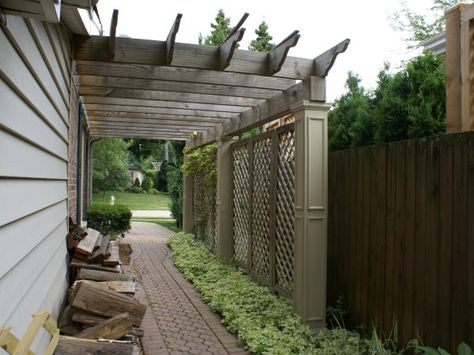 Pergola Over Walkway To Front Door, Orchid Pergola, Arbor Walkway, Backyard Cement, Side Pergola, Yard Drawing, Yard Privacy, Small Pergola, Pergola Carport