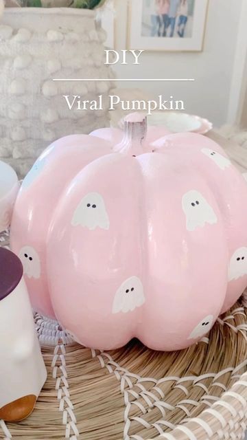 Girly Pumpkin Paintings, Pink And White Pumpkins, Pumpkin Painting Ideas On White Pumpkin, Ghosts Pumpkin Painting, Pumpkin Painting Ideas Ceramic, Paint Ideas Pumpkin, Baby Girl Pumpkin Painting, Pink Pumpkin With Ghost, Pink Ghost Pumpkin Painting