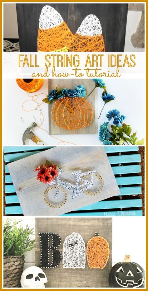 Fall String Art Ideas and Tutorial Fall String Art, String Art Ideas, Nail String, String Art Tutorials, Nail String Art, String Crafts, String Art Patterns, String Art Diy, Homemade Halloween