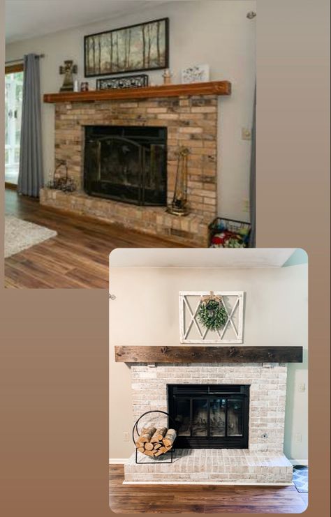 Whitewash Brick Fireplace With Mantle, Updating A Fireplace Before And After, Tan Fireplace Makeover, Fireplace Makeover Whitewash, Painted Fireplace Before And After, Remodeled Fireplace Before And After, Chimney Removal Before And After, Diy Fireplace Makeover Before And After, Whitewash Brick Fireplace Before After