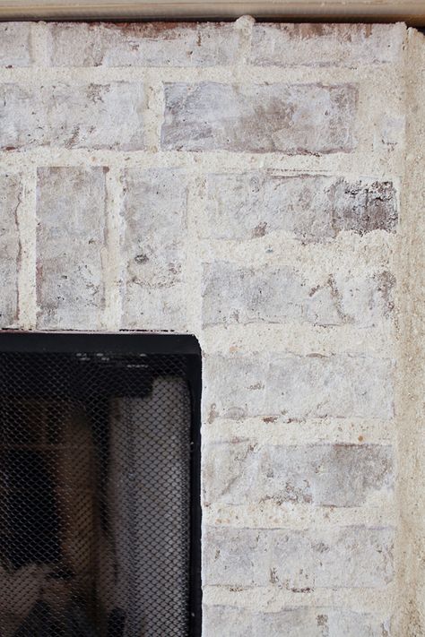 Mortar Washed Brick Fireplace, Brick Smear, Washed Brick Fireplace, Exterior House Makeover, Mortar Washed Brick, Smear Fireplace, Limestone Wash, Smear Brick, Mantle Makeover