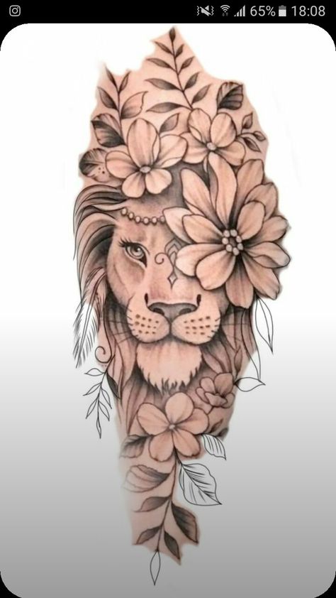 Floral Lion Tattoo Design, Lion Flower Tattoo For Women, Lion With Flowers Tattoo Design, Leo Inspired Tattoos For Women, Lion With Flowers Tattoo For Women, Lion And Flowers Tattoo Design, Lion Flower Tattoo Design, Lion Flowers Tattoo, Lion Flower Tattoo