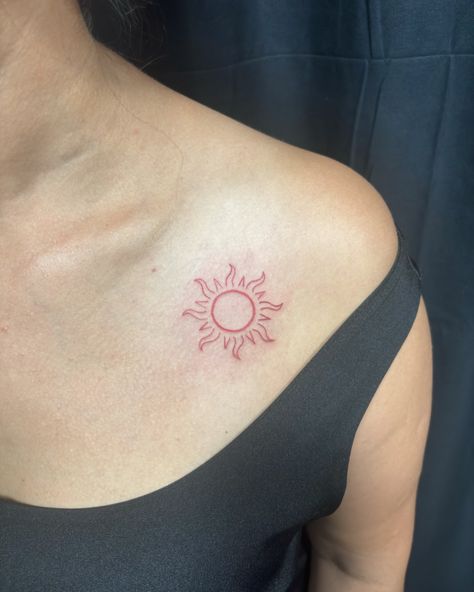 Small red sun tattoo Programari in privat ✅ #smalltattoo #tatuaje #tatuajeconstanta #suntattoo #sun #☀️ Sun And Moon Tattoo Red Ink, Sun Red Tattoo, Red Ink Sun Tattoo, Red Sun Tattoo, Half Sun Tattoo, Sun Tattoos, Forearm Tattoo Women, Red Ink Tattoos, Tattoo Women