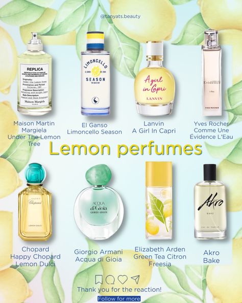 🍋 Lemon perfumes — best summer finds ⬇️ *Please note that most of these are leaning towards feminine side, or unisex. ▫️ Maison Martin Margiela Under The Lemon Tree — this unisex perfume doesn’t have a lemon note (lime and lemongrass instead), but it definitely creates that feeling of being under a lemon tree, or drinking fresh lemon tea. ▫️ El Ganso Limoncello Season — smells like a lemon drink with ginger and ice, very natural, with no sweetness. This one is definitely unisex, I’d say... Lemon Scented Perfume, Lemon Vanilla Perfume, How To Smell Like Lemons, Lemongrass Perfume, Lemon Perfume, Under The Lemon Tree, Summer Smells, Elizabeth Arden Green Tea, Summer Perfume