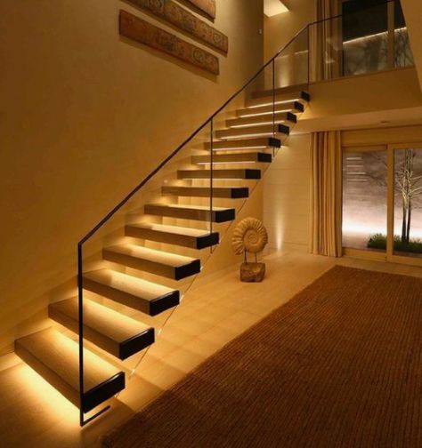 Floating stairs with LED lighting underneath Stairs Lighting, Staircase Styles, Luxury Staircase, Staircase Design Modern, Stairway Design, Stairs Design Modern, Floating Stairs, Staircase Lighting, Floating Staircase