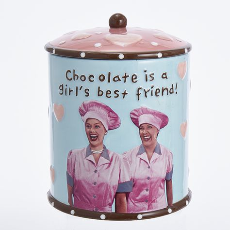 I Love Lucy Products over 700 Items in Stock | LucyStore.com Lucy And Ethel, Ceramic Cookie Jar, Pink Chocolate, Lucille Ball, Kurt Adler, Love Lucy, I Love Lucy, Chocolate Factory, Cookie Jars