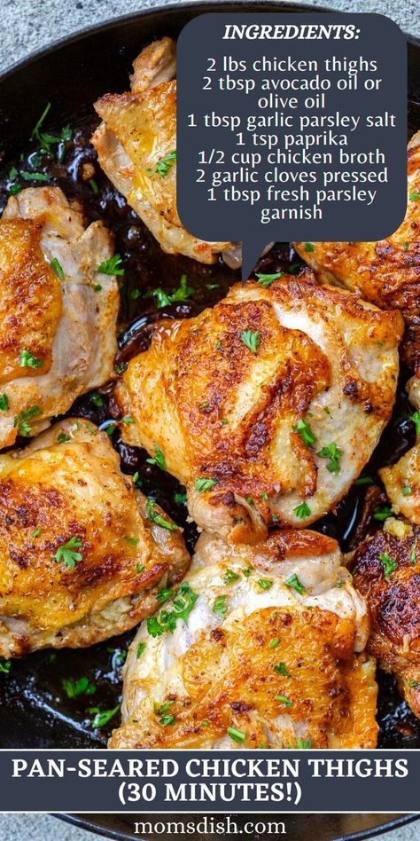 These pan-seared chicken thighs are juicy, golden brown, & finished in a garlicky sauce. Whip them up on the stove top in just 30 minutes! Healthy Breaded Chicken, Stove Top Chicken Thighs, Breaded Chicken Thighs, Fried Chicken Thigh Recipes, Pan Fried Chicken Thighs, Pan Cooked Chicken, Pan Seared Chicken Thighs, Best Chicken Thigh Recipe, Healthy Chicken Thigh Recipes