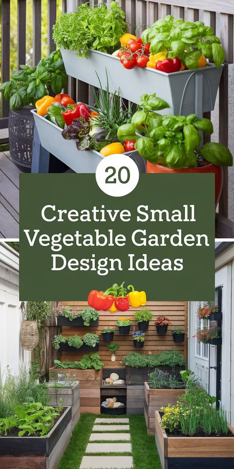 Explore 20 creative small vegetable garden design ideas to make the most of your space. Great for patios, balconies, and cozy backyard setups! Start growing today. #VegetableGardenDesign #SmallSpaceGardening #DIYGardenIdeas Outdoor Gardens Design Small Spaces, Balcony Vegetable Garden Ideas, Porch Vegetable Garden, Mini Garden Ideas Small Spaces, Small Vegetable Garden Design, Diy Small Garden Ideas, Small Yard Garden, Gardens Ideas Backyard, Small Backyard Garden Ideas