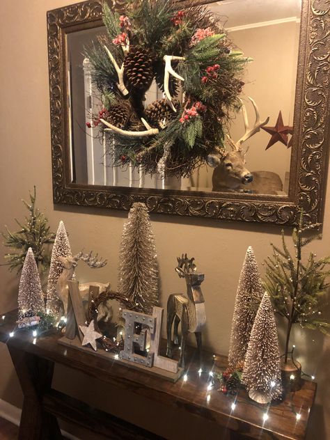 Christmas Decor Hallway Table, Christmas Entryway Table Decor With Mirror, Hallway Table Christmas Decor, Christmas Entry Way Table Decor, Entryway Christmas Decor Entry Tables, Sofa Table Christmas Decor Ideas, Foyer Christmas Decor Entryway, Christmas Entry Table Decor, Entry Table Christmas Decor