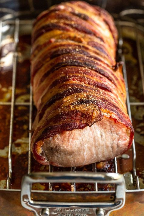 Delicious pork loin that's wrapped in bacon is both juicy and flavorful. The bacon helps seal in moisture and my oven roasting method is foolproof. #pork #porkloin #bacon via @cookthestory Pork Loin Wrapped In Bacon, Bacon Wrapped Pork Tenderloin Recipes, Bacon In Oven, Pork Loin Oven, Pork Loin Recipes Oven, Baked Pork Loin, Bacon Wrapped Pork Loin, Bacon Wrapped Pork Tenderloin, Pork Loin Roast Recipes