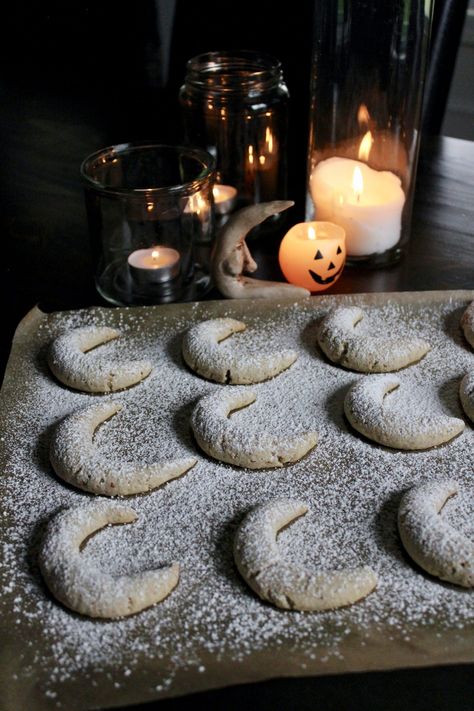 Moon Spell Cookies - The Hungry Lyoness The Hungry Lyoness Food Blog New Moon Food, Food Witch Aesthetic, Imbolc Moon Cookies, Yule Moon Cookies, Witchy Themed Food, Kitchen Witch Desserts, Moon Spell Cookies, Full Moon Cookies, Witch Inspired Food