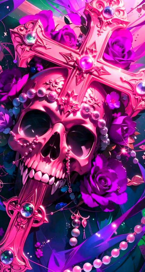 Pink Skull Tattoo, Skull Artwork Illustrations, Skull Wallpapers, Sugar Skull Wallpaper, Colorful Skull Art, Sugar Skull Artwork, Stain Glass Window Art, Candy Skull, Cross Wallpaper