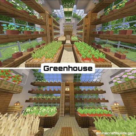 Minecraft Underground Greenhouse, Minecraft Farm Greenhouse, Minecraft Building Ideas No Texture Pack, Animal Cage Minecraft, Minecraft Greenhouse Ideas Interior, Minecraft Greenhouse Interior, Greenhouse In Minecraft, Greenhouse Minecraft Ideas, Minecraft Village Layout