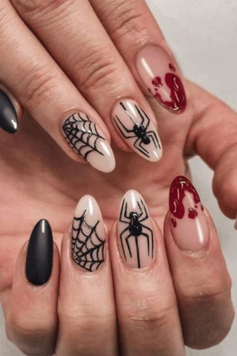 24PCS Halloween press-on nails in almond shape with spider web design, including glue stickers, nail file, and wooden stick. Halloween Nails Spider, Halloween Nails Simple, Fun Halloween Nails, Nail Shapes Square, Elegant Touch Nails, Nail Desi, Black Halloween Nails, Halloween Nails Easy, Witchy Nails