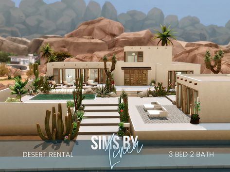 House Desert, Bloxburg Desert House, Sims Vacation House, Sims House Oasis Springs, Sims 4 Desert Luxe House, Sims 4 Houses Desert, Sims Architecture, Sims 4 Modern Desert House, Sims Mountain House