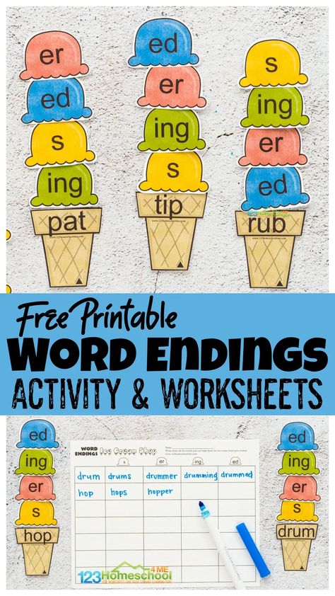 Looking for a fun summer activities for first grade? This word endings game has a fun ice cream theme and coordinating word ending worksheets to help 1st grade and 2nd graders practice adding endings to words. This language arts activity is a fun word endings activity adding s, ed, ing, and er to words. Simply download pdf file with plural worksheet pages. 2 Digit Addition Worksheets, Ice Cream Play Dough, Ice Cream Play, Word Endings, Compound Words Worksheets, Language Art Activities, Grammar Activities, Printable Math Worksheets, Fun Summer Activities