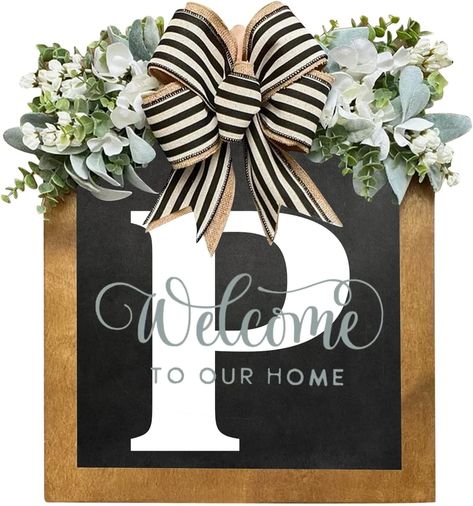 PRICES MAY VARY. Last Name Signs - Each last name welcome sign for front door hanger includes a sturdy rope hanger for easy mounting. Perfectly fit to hang on wall at the front porch door, back door, living room, bedroom, entryway, mantel or leaned on a shelf or anywhere throughout your home! The perfect match of vivid greenery adorn with beautiful white magnolia and bows makes our rustic welcome sign wreath to be a best way to jazz up your front door home and bring a great accent to anywhere in Round Front Door, Spring Wreaths For Front Door, Door Outside, Burlap Mesh Wreath, Fall Floral Decor, Floral Door Wreaths, Hanger Decor, Door Wreaths Fall, Year Round Wreath