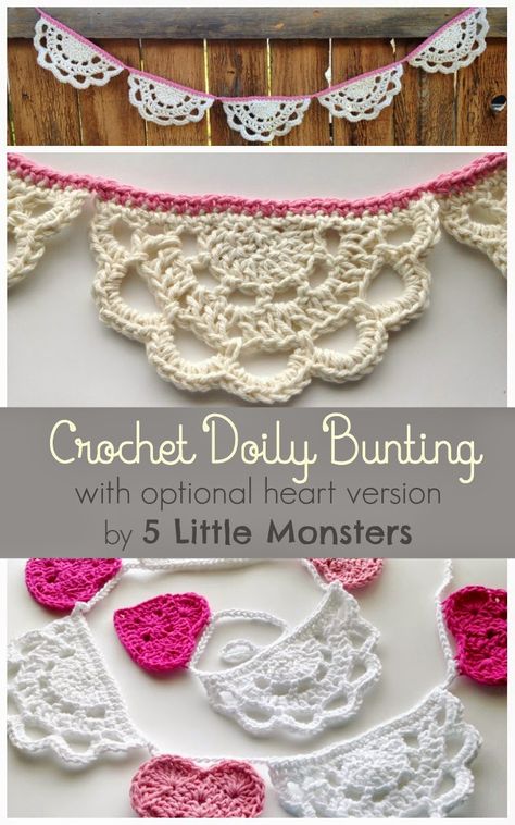 5 Little Monsters: Crochet Doily Bunting Doily Bunting, Crochet Bunting, Crochet Garland, Crochet Things, Crochet Decoration, Crochet Heart, Crochet Doily, Little Monsters, Crochet Edging