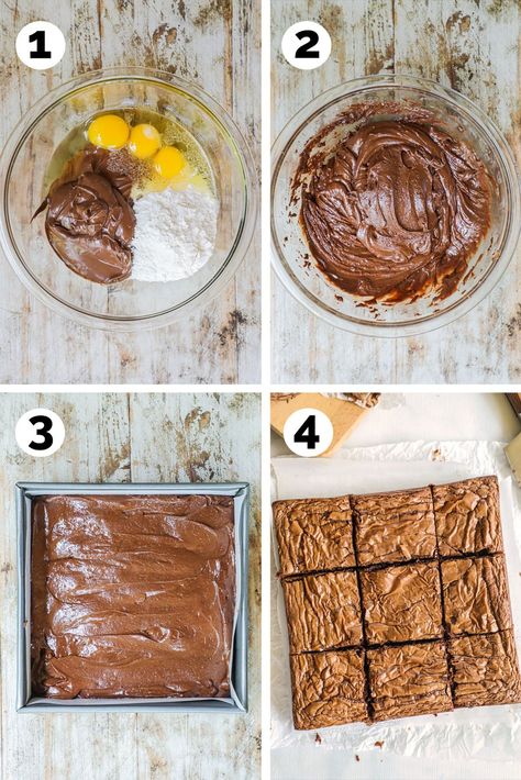 These 3 Ingredient Nutella Brownies are rich, fudgy, gooey, and delicious...and yes, they really are just made with 3 ingredients! Nutella, flour, and eggs are combined until smooth, then baked into the most mouthwatering, chocolatey, melt-in-your-mouth, Fudgy Nutella brownies. Just 5 minutes of prep needed for these easy brownies with Nutella! Brownies With Nutella, Easy Baking For Kids, 3 Ingredient Nutella Brownies, Easy Desserts For Kids, Easy Nutella Brownies, 3 Ingredient Brownies, Easy Brownies, Nutella Recipes Brownies, Nutella Cake