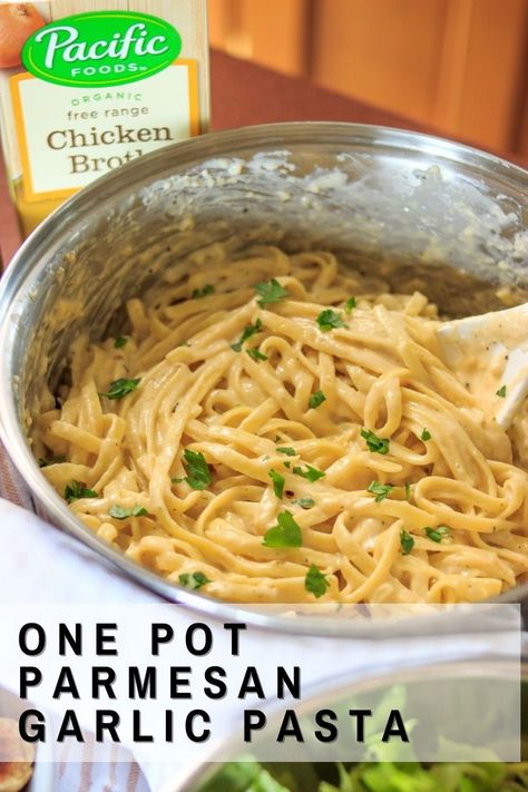 #AD One-pot parmesan garlic pasta is perfect for a delicious weeknight dinner as even the pickiest eaters enjoy it! The sauce is made with milk, grated parmesan and @pacificfoods Organic Free Range Chicken Broth for a rich and perfectly seasoned flavor. Add a protein and veggie and dinner is done in less than 30 minutes! #PacificFoods #SpecificallyPacific Pasta With Milk, Pasta Sauce Recipes Easy, Garlic Chicken Pasta, Garlic Parmesan Pasta, Chicken Broth Recipes, Free Range Chicken, Easy Pasta Sauce, Recipe Using Chicken, Chicken Parmesan Pasta