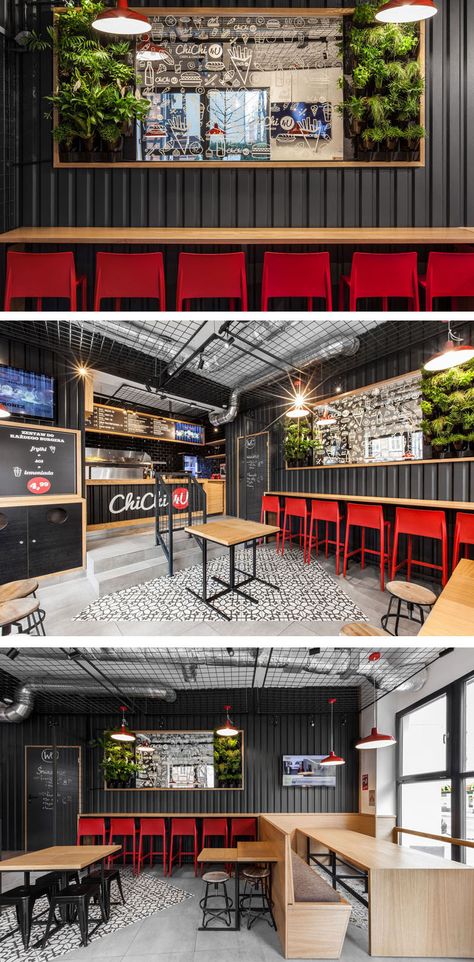 We often see corrugated steel being used on the exterior of houses, but as part of the design for this restaurant, black corrugated steel was brought inside, and used on the interior walls of this burger restaurant. Café Design, Restaurant Exterior, Doner Kebab, Industrial Style Kitchen, Design Café, Burger Restaurant, Coffee Shop Design, Cafe Interior Design, Restaurant Interior Design