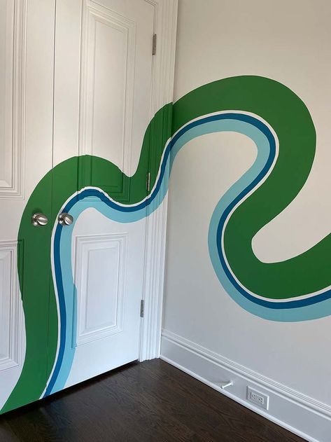 This is such a fun squiggly line mural. Check out my website to see more pictures of this mural for inspiration in your home. Line Mural, Doors And Trim, Diy Headboard Ideas, Wall Murals Diy, Church Interior Design, Sage Green Bedroom, Headboard Ideas, Room Wall Painting, Bedroom Wall Designs