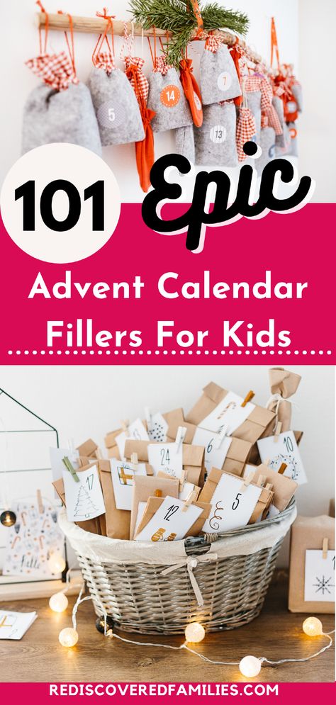 Looking for the perfect advent calendar fillers for kids? This list of 101 ideas has everything you need to create a fun and exciting holiday countdown. From small, cheap gifts to DIY crafts and free printables, these fillers will keep kids entertained and delighted every day. Whether you want homemade treats or creative activities, these ideas will make your advent calendar something to look forward to each morning. Create a cherished holiday tradition for your kids. Small Advent Calendar Fillers, Kids Advent Calendar Fillers, Advent Calendar Fillers For Kids, Advent Calendar Filler Ideas, Diy Advent Calendar Fillers, Advent Calendar Filler, Homemade Calendar, Family Christmas Crafts, Lego City Advent Calendar