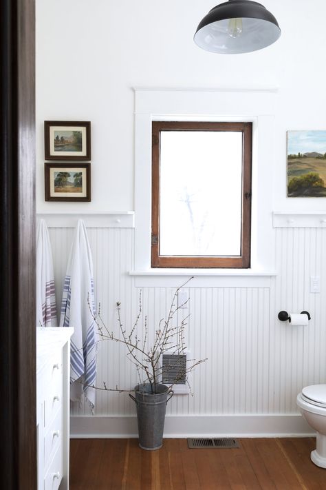 Farmhouse Main Bathroom, Bathroom Budget, The Grit And Polish, Grit And Polish, Beadboard Bathroom, Wainscoting Bathroom, White Wainscoting, Walk In Shower Designs, Remodel Bathroom