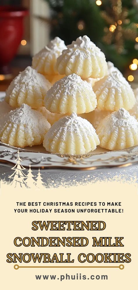 Sweetened Condensed Milk Snowball Cookies are delightful, melt-in-your-mouth treats that combine the rich creaminess of sweetened condensed milk with the crunch of finely chopped nuts. These cookies are rolled in powdered sugar, giving them a snowy appearance that makes them perfect for festive occasions or cozy gatherings. Sweetened Condensed Snowballs, Sweeten Condensed Milk Snow Ball Cookies, Sweetened Condensed Milk Snow Ball Cookies, Snowball Cookies Condensed Milk, Sweetened Condensed Milk Snowballs Cookies, Snowball Cookies Recipe Sweetened Condensed Milk, Christmas Crunch Cookies, Cookies Made With Condensed Milk, Condensed Milk Cookies 4 Ingredients