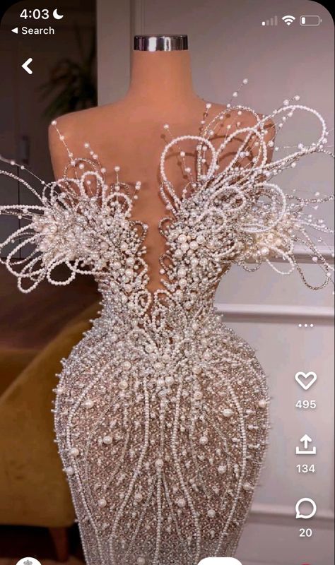 Pearl Dress Design Prom, White Pearl Prom Dress, Diamonds And Pearls Prom Dress, Pearl Prom Dresses, Exotic Prom Dresses Black Women, Met Gala Prom Dresses, Over The Top Prom Dresses, Bedazzled Prom Dress, Pearl Detailed Prom Dress