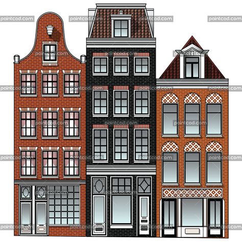 Three Dutch Renaissance canal houses from Amsterdam city Dollhouse Architecture, Drawing Street, Paper Village, Amsterdam Architecture, Townhouse Exterior, Architecture Classic, Amsterdam Houses, Dutch House, Canal House