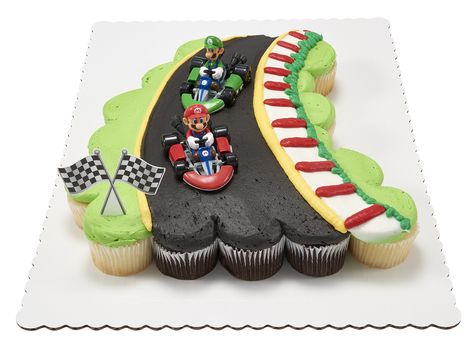 Super Mario Kart​ Cupcake Cake - Walmart.com Walmart Custom Cakes, Mario Cupcakes, Mario Kart Cake, Super Mario Cupcakes, Mario Brothers Birthday Party, Mario Kart Party, Mario Bros Birthday Party Ideas, Mario Birthday Cake, Mario Bros Cake