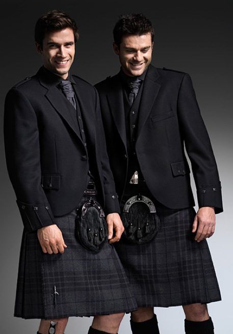 2-black-kilts-ardrossan Tartan Wedding Dress, Kilt Wedding, Black Kilt, Scotland Men, All Black Suit, Scottish Dress, Brown Bridesmaid Dresses, Men Wearing Skirts, Black Outfit Men