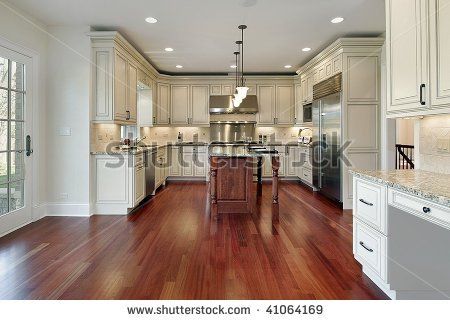 White cabinets with cherry stain floor Antique Kitchen Cabinets, Cherry Wood Floors, Cherry Floors, Small Kitchen Cabinets, Galley Kitchen Remodel, Brazilian Cherry, Wood Floor Kitchen, Cherry Kitchen, Kitchen Remodel Cost