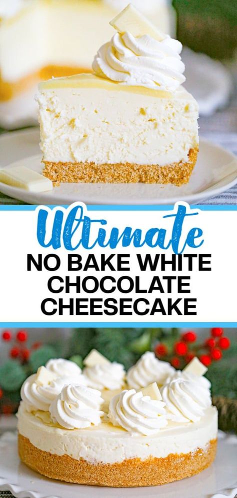 Indulge your taste buds with this easy No Bake White Chocolate Cheesecake recipe. This creamy cheesecake is enhanced with the sweet flavor of white chocolate and topped with a rich white chocolate ganache, making it the perfect dessert that’s sure to be a hit with your guests! White Chocolate Cheesecake Recipes Easy, Keto White Chocolate Cheesecake, Creamy No Bake Cheesecake, No Bake Black Forest Cheesecake, White Chocolate Cheesecake No Bake, Sicilian Cheesecake Recipe, Cream Cheesecake Recipes, Easy White Chocolate Cheesecake, White Chocolate Desserts Easy