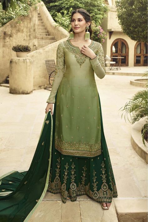 Light Green Outfits For Women, Green Outfits For Women, Pakistani Sharara, Green Sharara, Designer Sharara Suits, Green Outfits, Latest Salwar Kameez, Green Lehenga, Palazzo Suit