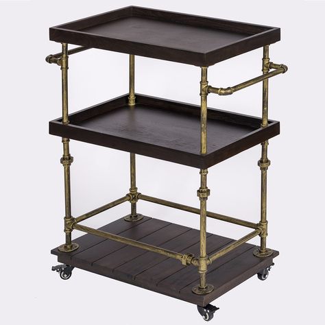 PRICES MAY VARY. This bar cart mix of function and industrial flair creates a unique antique appearance. So that this bar carts can perfectly match varieties of home decoration styles and reflect your special aesthetic. Crafted from antique gold finish metal pipe and Solid poplar wood. 3-levels of storage for your bar essentials. Whisky, gin, and rum...put all your favorite drinks on. We created this serving cart to tackle the problem of moving and transferring food, beverages, and other product Side Table Height, Industrial Bar Cart, Bar Serving Cart, Home Bar Cabinet, Rolling Bar Cart, Bar Essentials, Serving Cart, Industrial Bar, Home Bar Furniture