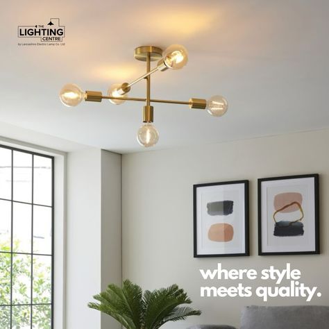 Elevate your space with this stylish 5-light semi-flush fixture, featuring a sleek satin brass finish. Perfectly paired with LED filament bulbs, it delivers that essential, on-trend designer look. Upgrade your lighting game with this modern masterpiece! #thelightingcentreuk #luxurylighting #homedesign #modernlighting #inspiration #decor #home #lightingproject #homestyling #homeinspo #interiordesignuk Studio Ceiling, Big Lamp, Brass Ceiling Light, Brass Plate, Ceiling Lights Living Room, Room Ambiance, Semi Flush Lighting, Living Room Ceiling, Semi Flush Ceiling Lights