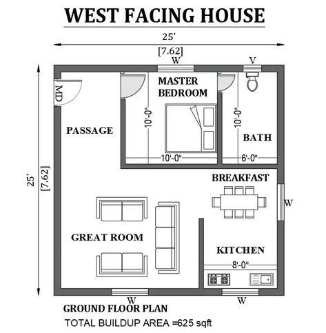 2d Plane House, Penthouse Plans Layout, 25x25 House Plans, 1bhk House Plan, 2d Autocad Drawing, Mini Chalet, 20x30 House Plans, West Facing House, 20x40 House Plans