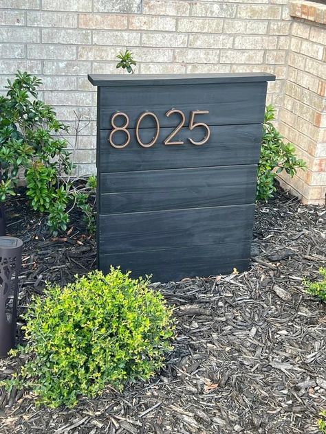 House Numbers On Rock Ideas, Unique House Number Signs, Unique Address Signs For Yard, Lawn Address Sign, Multiple Address Sign Ideas Driveway, House Number Sign For Yard Driveways, Address Sign Ideas, Wood Address Sign With Planter, Wooden Address Front Sogn With Flower