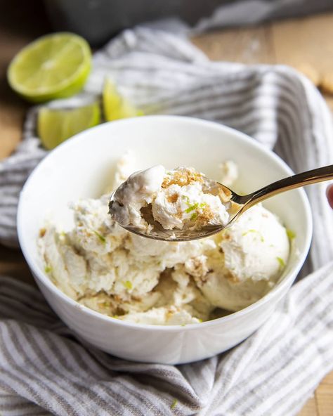 This key lime pie ice cream is a creamy, no ice cream maker required, ice cream with the perfect tangy lime flavor, and swirls of graham cracker crust. It's like a slice of key lime pie all wrapped up into a bowl of ice cream. Key Lime Pie Ice Cream, Lime Ice Cream, Bowl Of Ice Cream, Pie Ice Cream, Cracker Crust, Lime Pie, Key Lime Pie, Lime Zest, Graham Cracker Crust