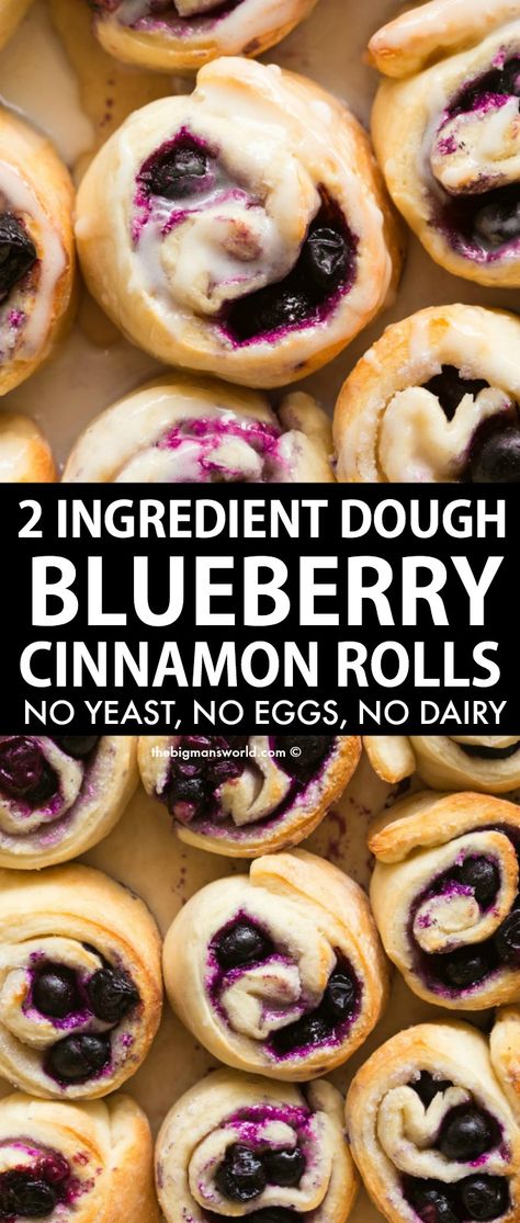 Blueberry Cinnamon Sweet Rolls made with NO yeast, NO dairy and NO kneading! This easy recipe takes 20 minutes, and requires NO fancy kitchen mixers, using 2 ingredient weight watchers dough! Vegan, Gluten Free, Dairy Free. Frozen Blueberry Muffins, Pillsbury Biscuit Recipes, Blueberry Buckle Recipe, Blueberry Cinnamon Rolls, 2 Ingredient Dough, Fancy Kitchen, Healthy Blueberry Muffins, Blueberry Desserts, Ww Desserts