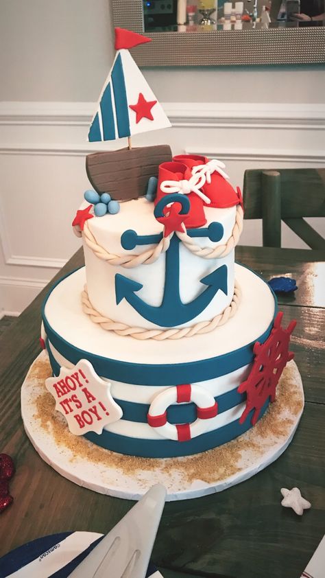 Ahoy it’s a boy baby shower cake Nautical Baby Shower Cake, Boy Baby Shower Cake, Nautical Baby Shower Boy, Sailor Baby Showers, Navy Baby Showers, Sailor Baby, Ahoy Its A Boy, Wedding Favors And Gifts, Baby Shower Cakes For Boys