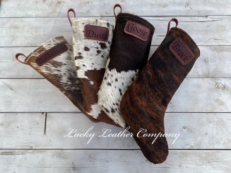 Cowhide Christmas Stocking, Cowhide Stockings Christmas, Leather Christmas Stocking, Cowhide Stocking, Leather Stocking, Cowhide Christmas, Cowhide Decor, Merry Christmas Yall, Leather Diy Crafts