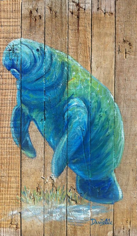 Hand painted Florida manatee on up cycled/recyled lobster trap wood. Manatee Rock Painting, Manatee Drawing, Manatee Craft, Manatee Watercolor Tattoo, Manatee Painting, Manatee Watercolor, Manatee Painting Easy, Manatee Sculpture, Manatee Art