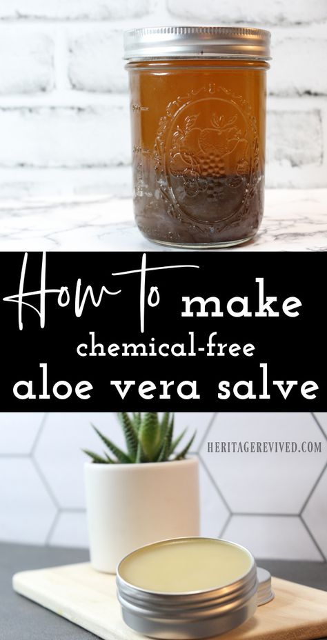 Mixing ingredients in a jar with finished aloe vera salve below, and text "How to make chemical-free aloe vera salve" Diy Salve, Aloe Vera Diy, Aloe Vera Recipes, Aloe Vera Uses, Benefits Of Aloe Vera, Aloe Vera Powder, Aloe Vera Benefits, Salve Recipes, Adobe Express